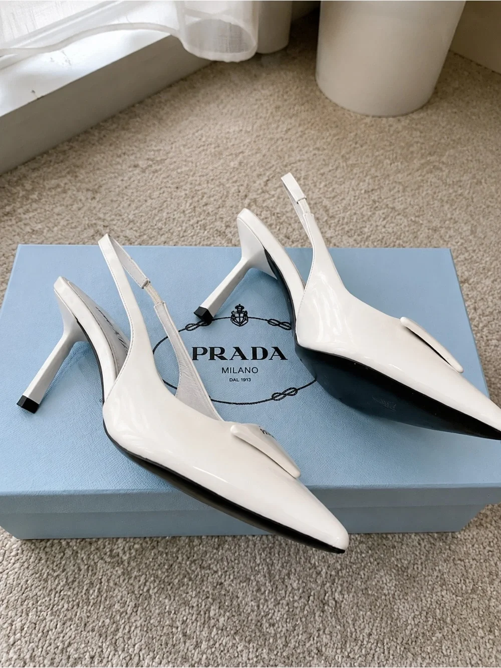 Prada White Patent Pointed-Toe Slingback Pumps